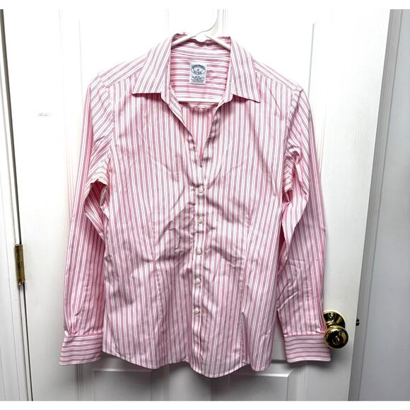 Brooks Bros Pink White Stripe Cotton Blouse, Fitted Button Up, Women's Size 8 - Picture 1 of 5